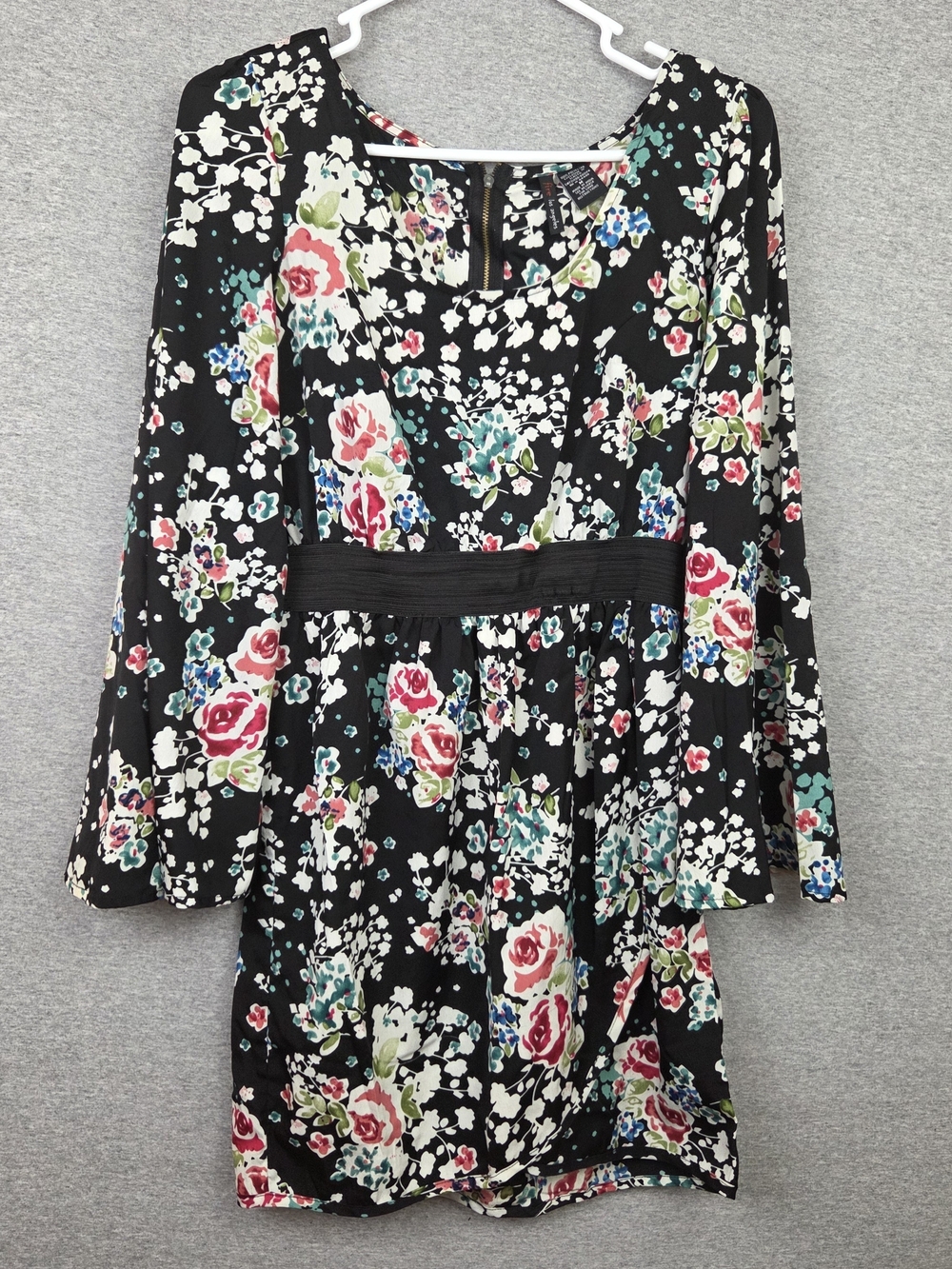 Fire Los Angeles Black Floral Long-Sleeve Kimono Dress with Pink & Teal Accents
